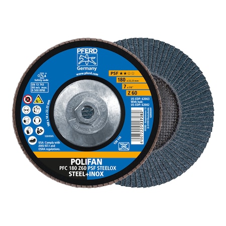 Pferd 7" x 5/8-11 Thd. POLIFAN Flap Disc - Z PSF STEELOX, Zirconia, 60 Grit, Conical 62082